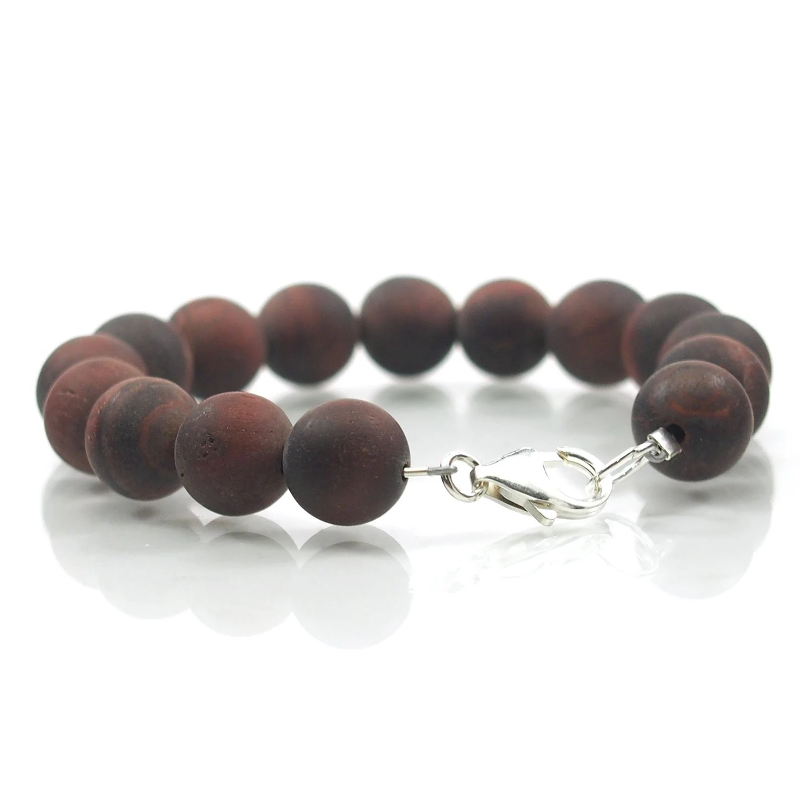 Matte Red Tiger's Eye 10mm Smooth Round Bracelet with Sterling Silver Trigger Clasp - Image 3