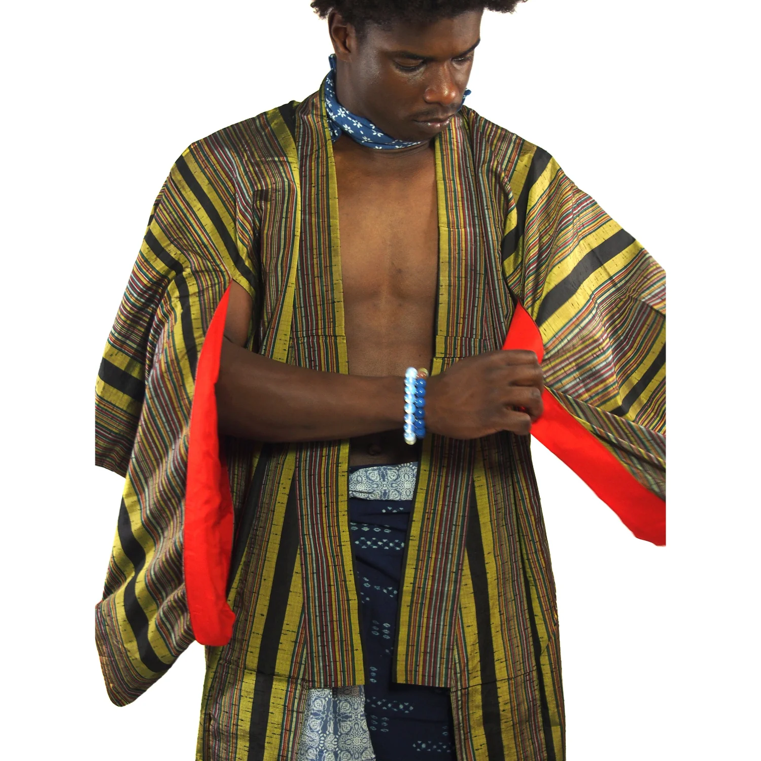 Vintage Yellow Stripe Silk Full Length Kimono 5 - Image 2