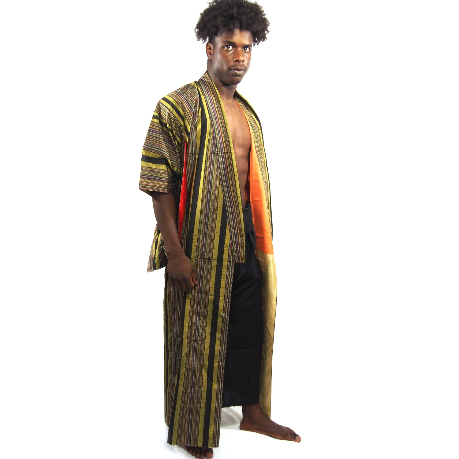 Vintage Yellow Stripe Silk Full Length Kimono 5 - Image 3