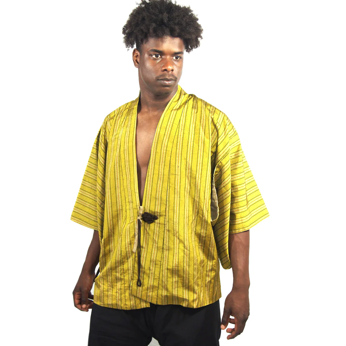 Vintage Yellow Stripe Silk 1/2 Length Kimono 1 - Image 2