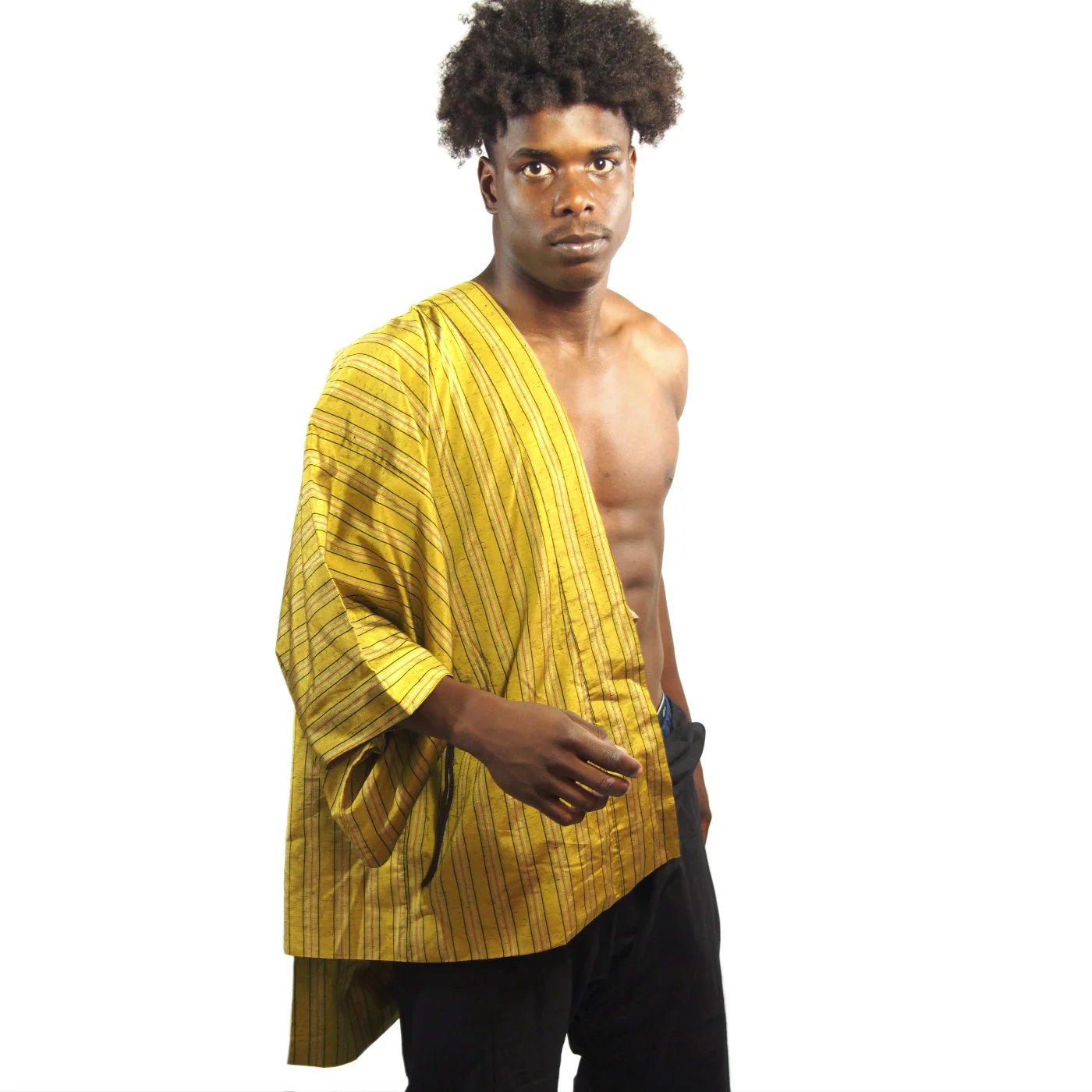 Vintage Yellow Stripe Silk 1/2 Length Kimono 1 - Image 4