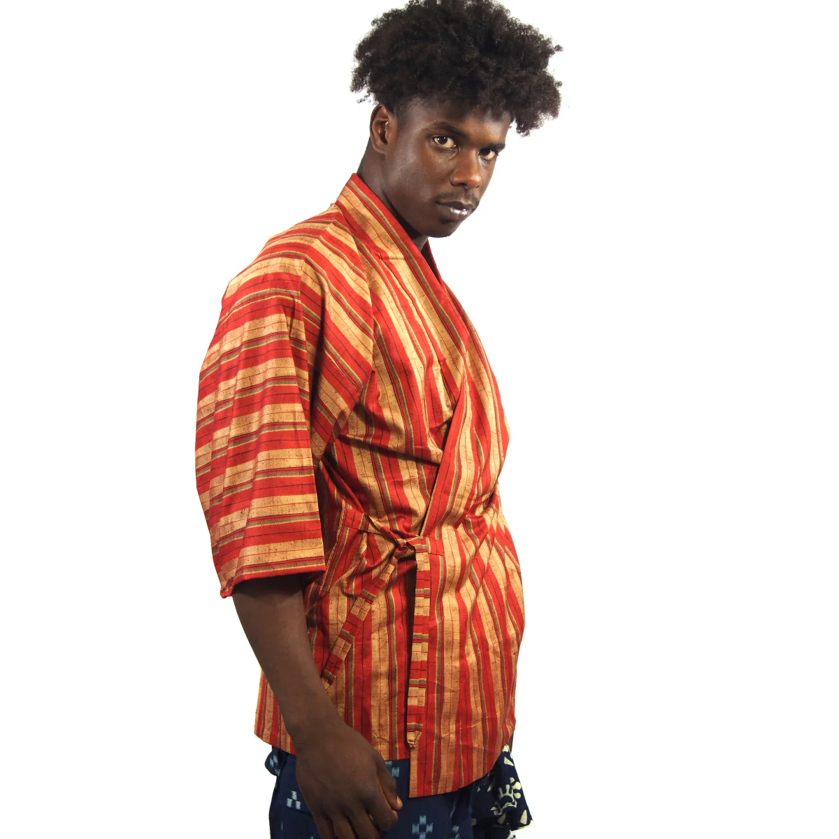 Vintage Brilliant Red/ Orange Stripe Silk 1/2 Length Kimono 6 - Image 2