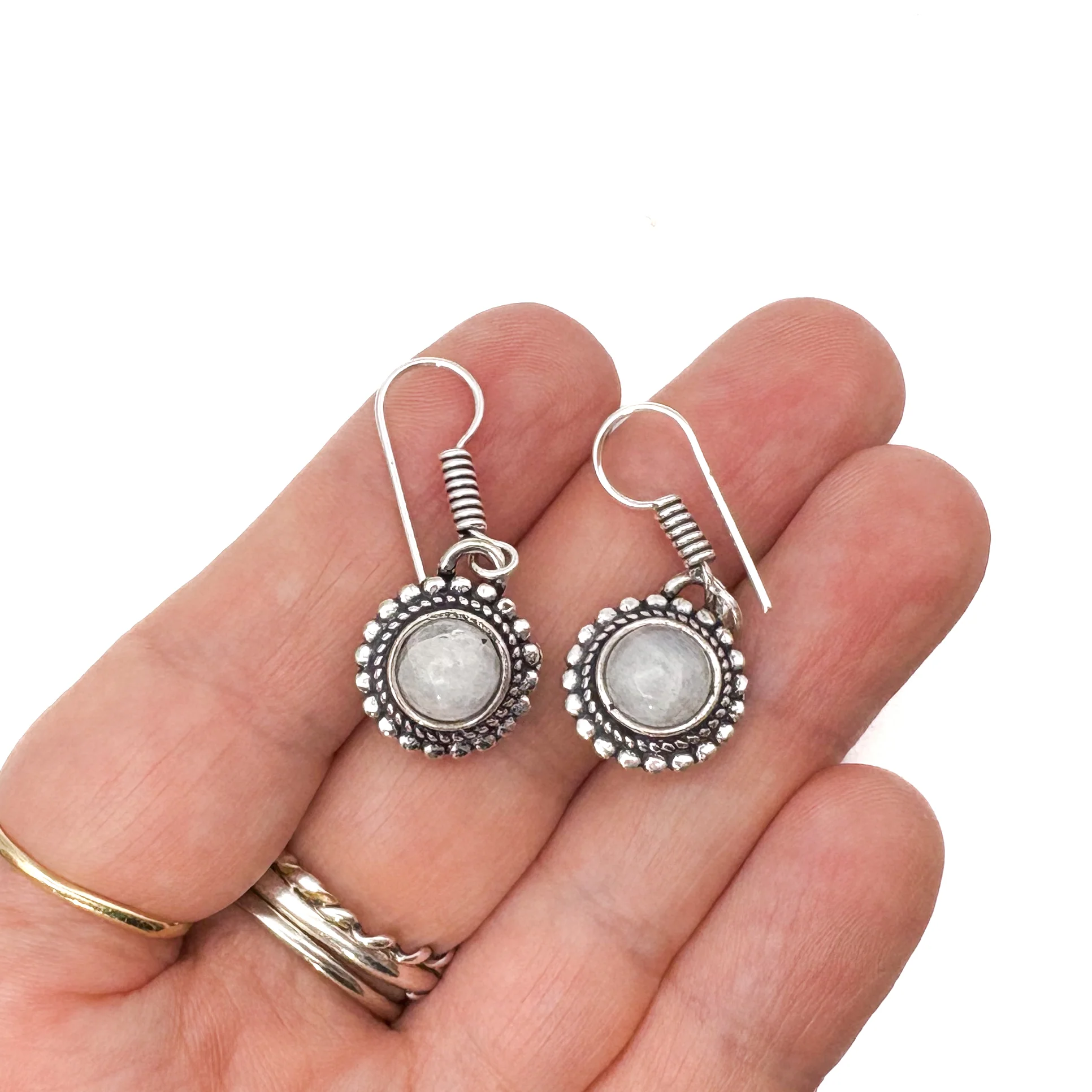 Moonstone Circle Dot White Brass Earrings - Image 10