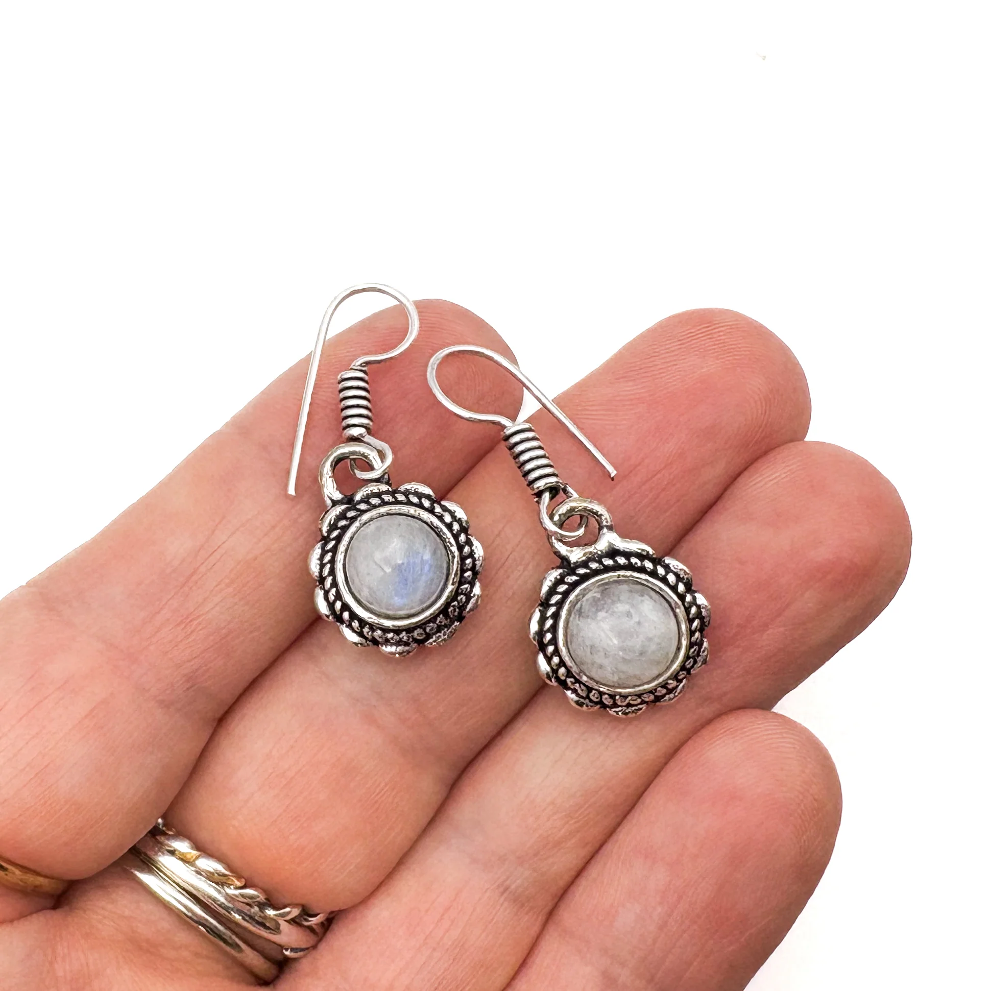 Moonstone Circle Flower White Brass Earrings - Image 11