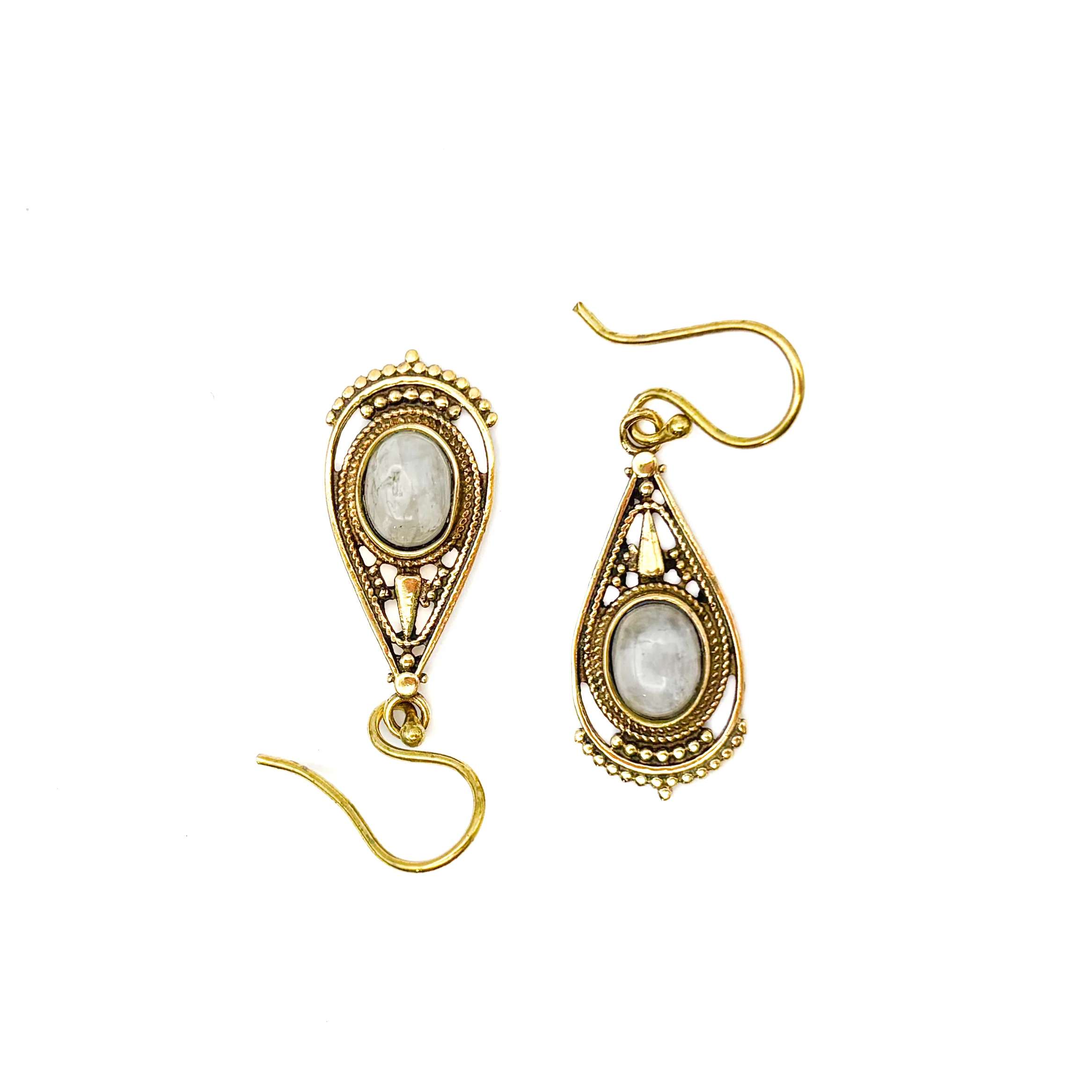 Moonstone Fancy Filagree Teardrop Brass Earrings - Image 2