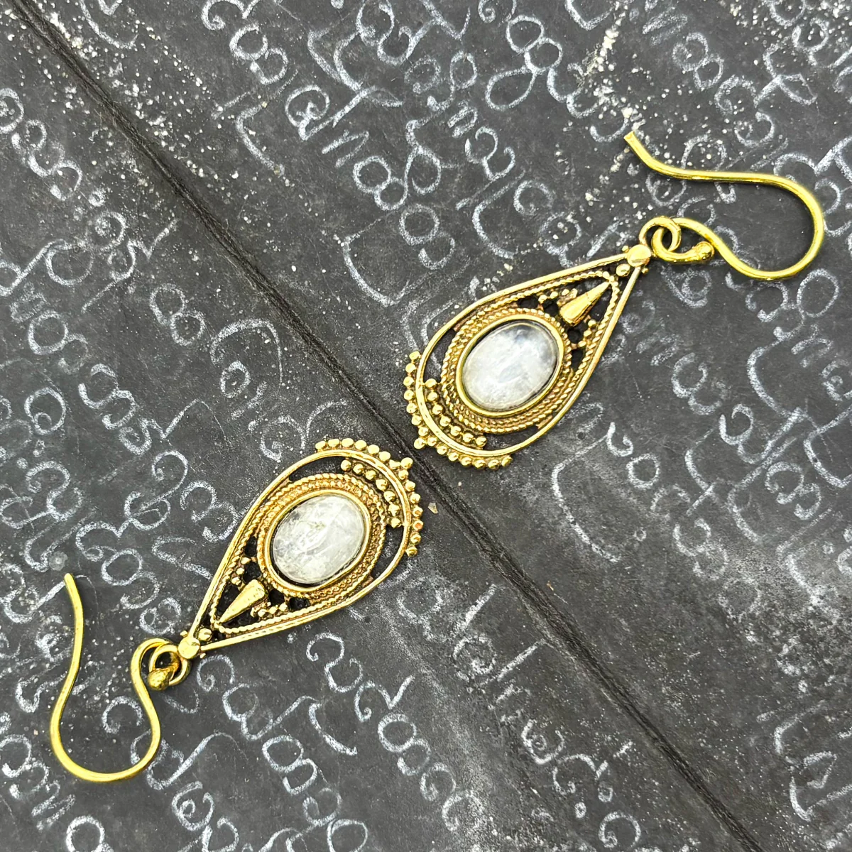 Moonstone Fancy Filagree Teardrop Brass Earrings - Image 3