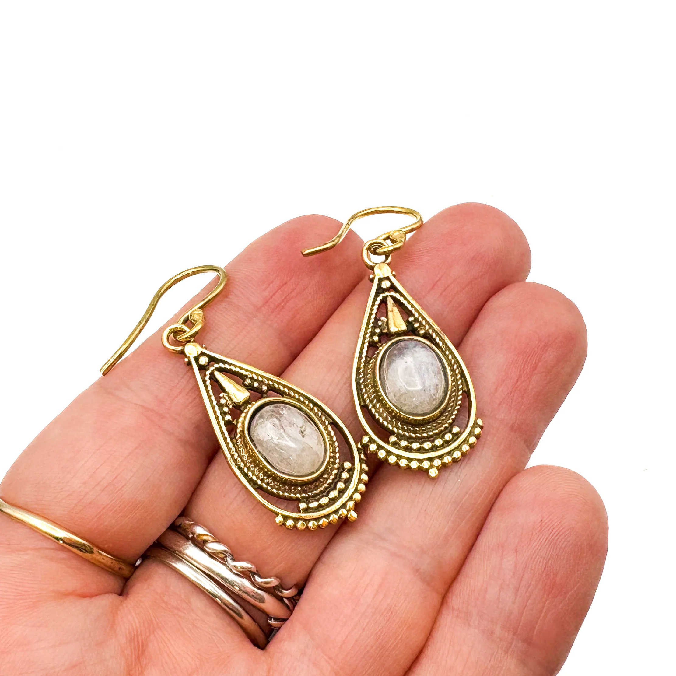 Moonstone Fancy Filagree Teardrop Brass Earrings - Image 8