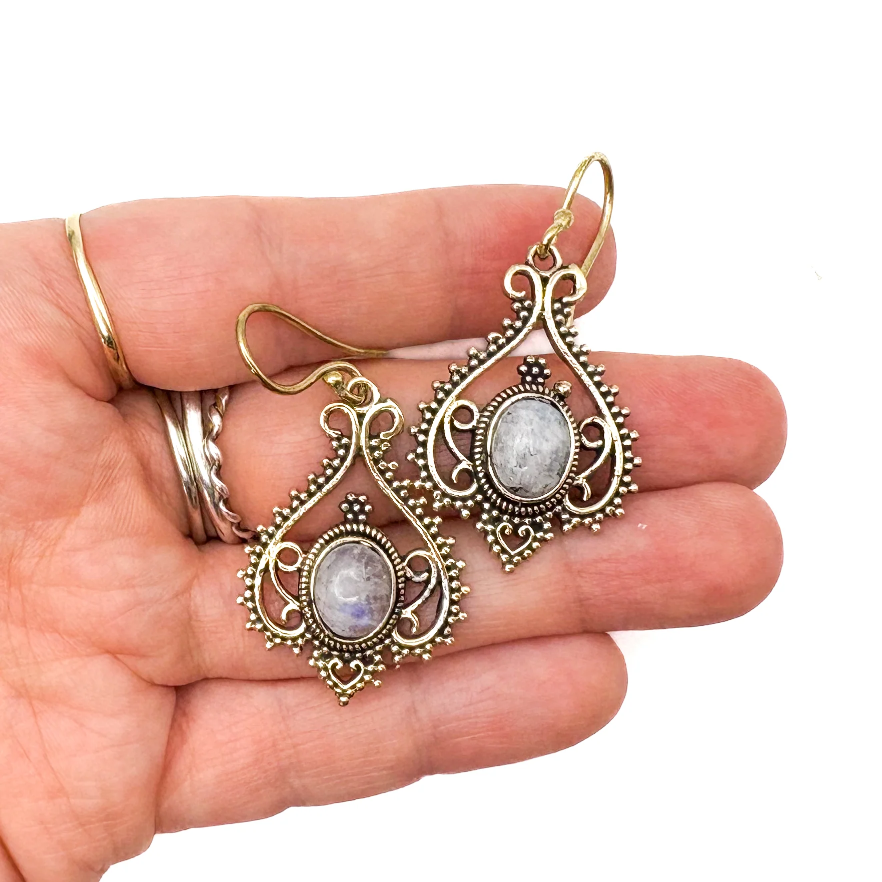 Moonstone Heart Doily Lace Brass Earrings - Image 12
