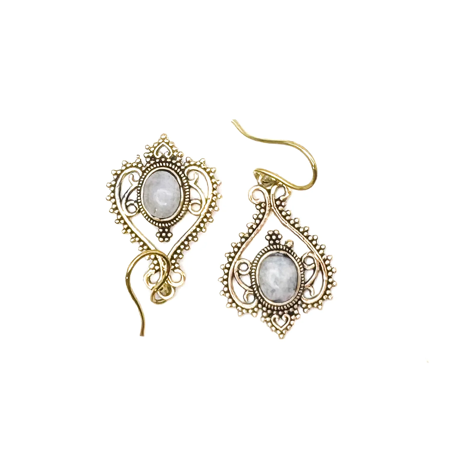 Moonstone Heart Doily Lace Brass Earrings - Image 2