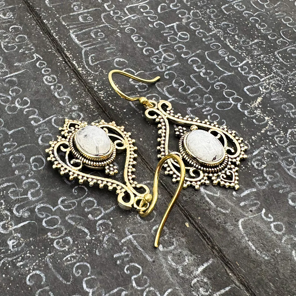 Moonstone Heart Doily Lace Brass Earrings - Image 3