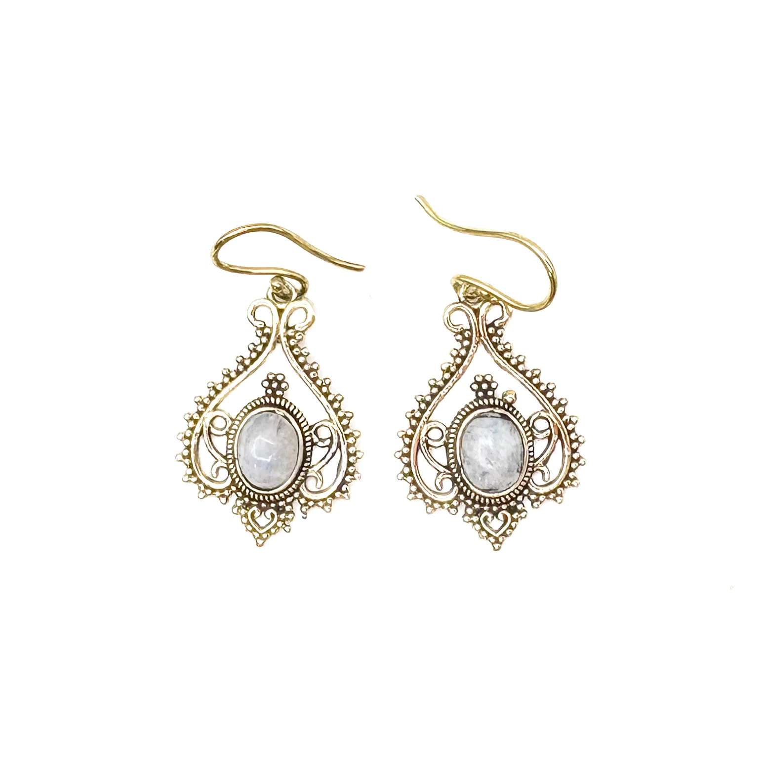 Moonstone Heart Doily Lace Brass Earrings - Image 4
