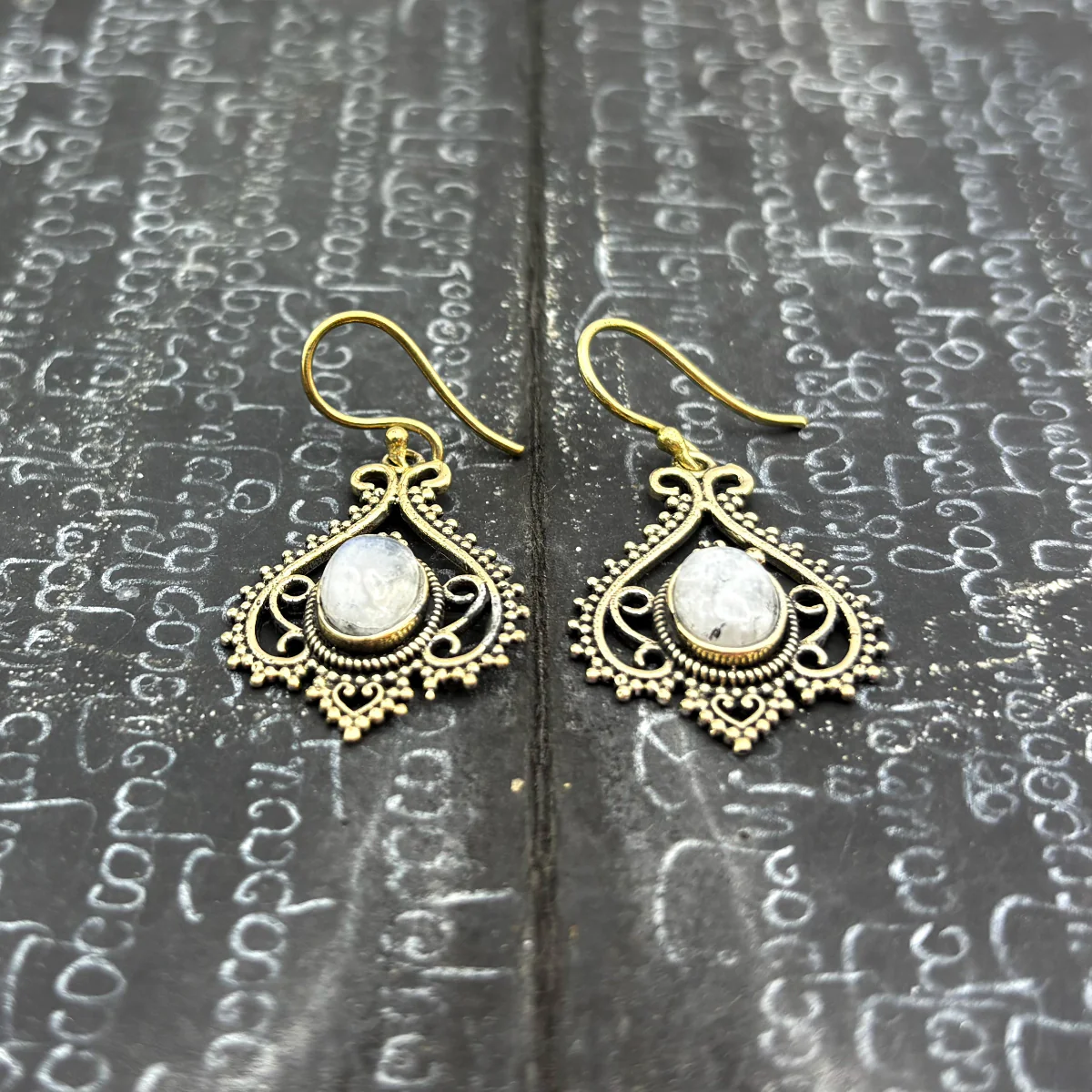 Moonstone Heart Doily Lace Brass Earrings - Image 5