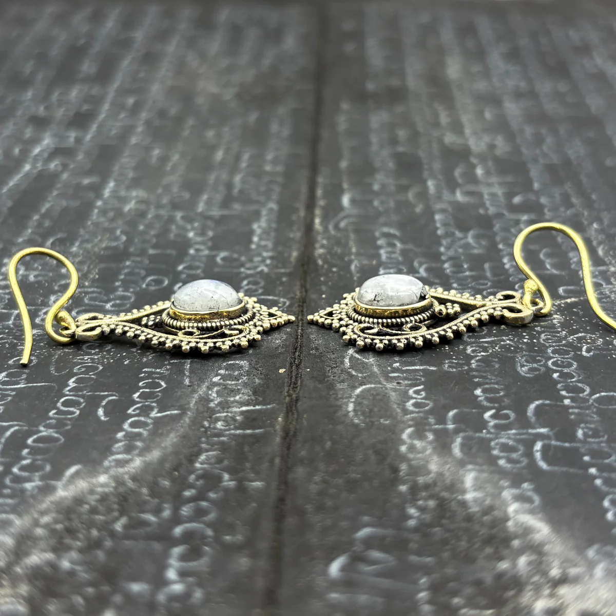 Moonstone Heart Doily Lace Brass Earrings - Image 7