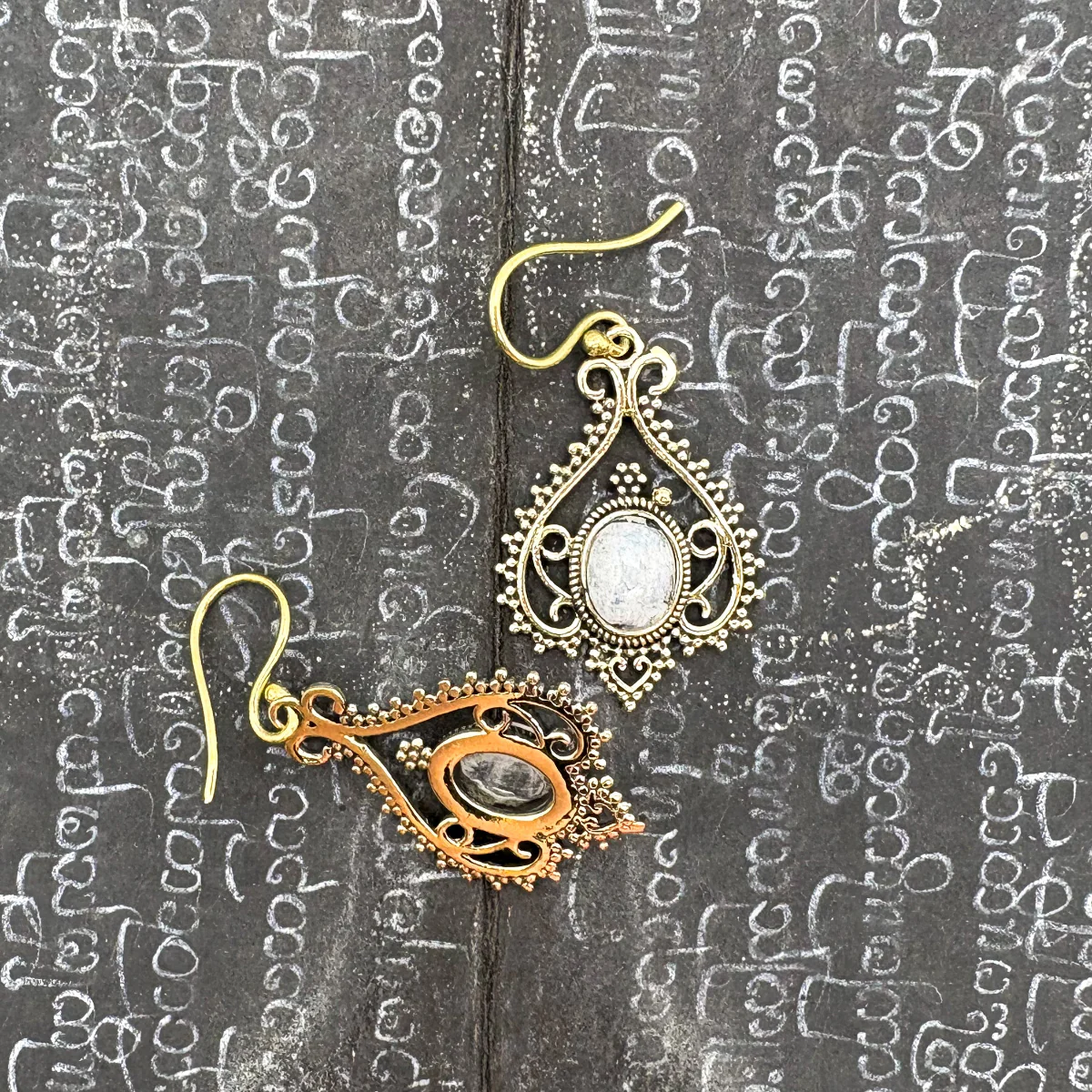 Moonstone Heart Doily Lace Brass Earrings - Image 9
