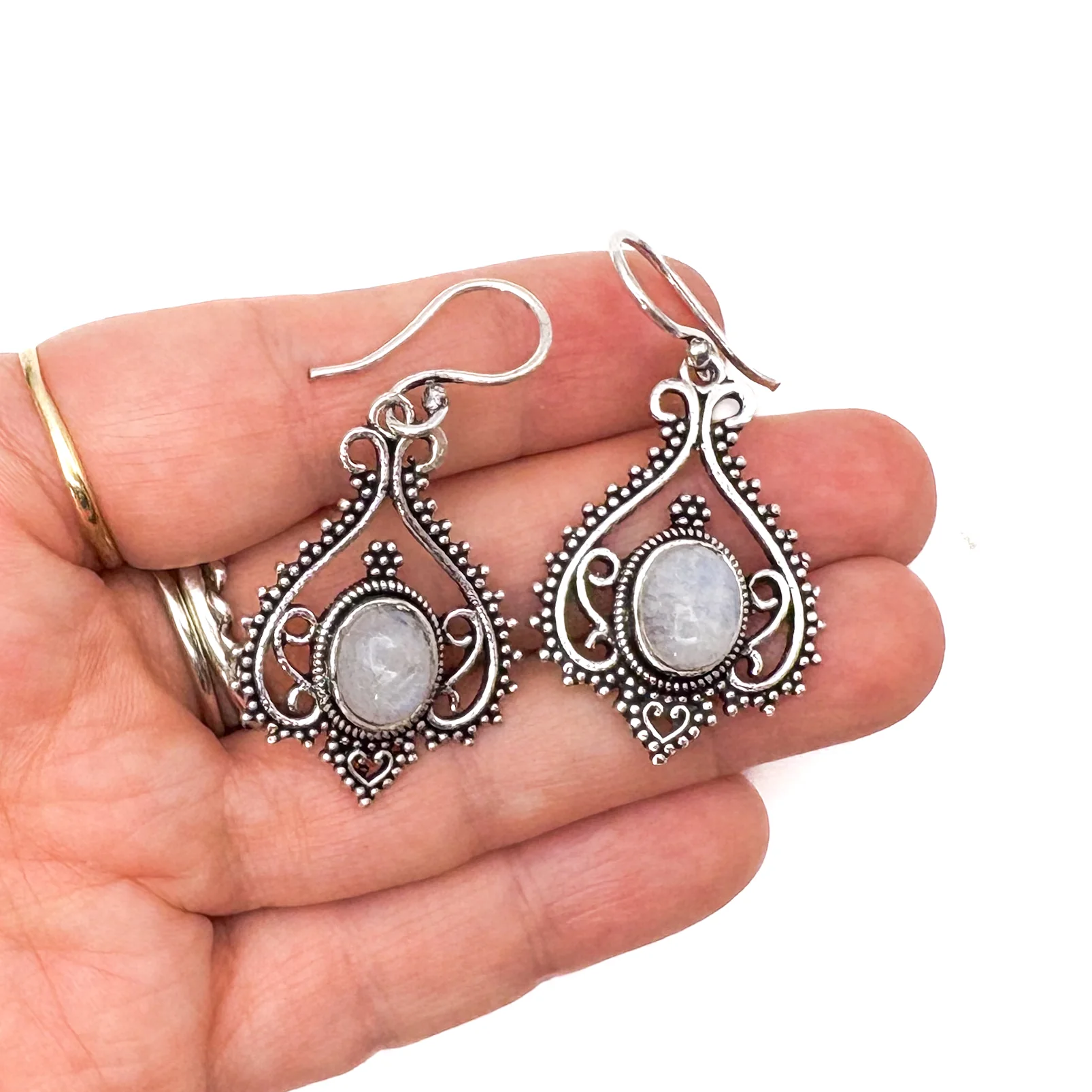 Moonstone Heart Doily Lace White Brass Earrings - Image 10
