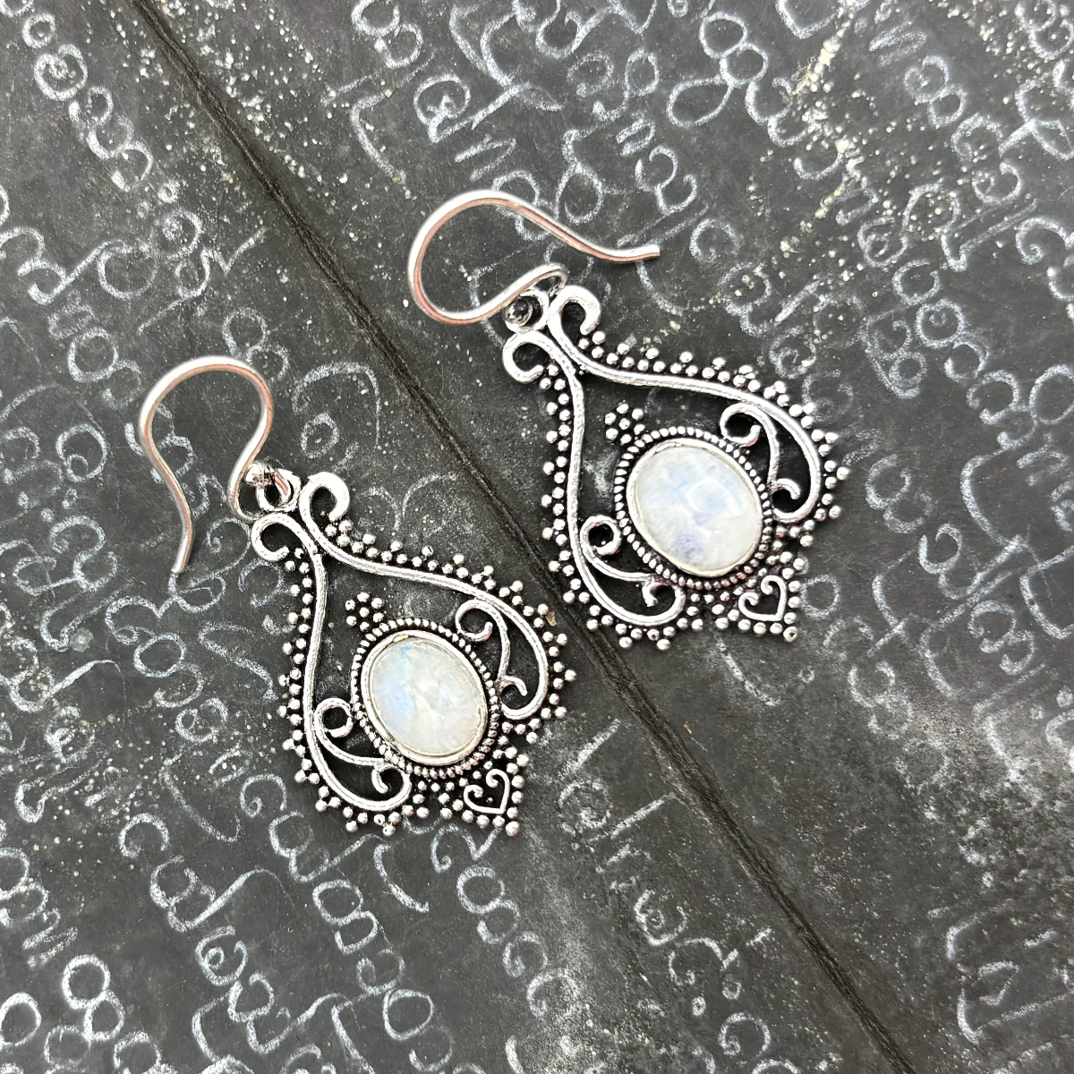 Moonstone Heart Doily Lace White Brass Earrings - Image 5