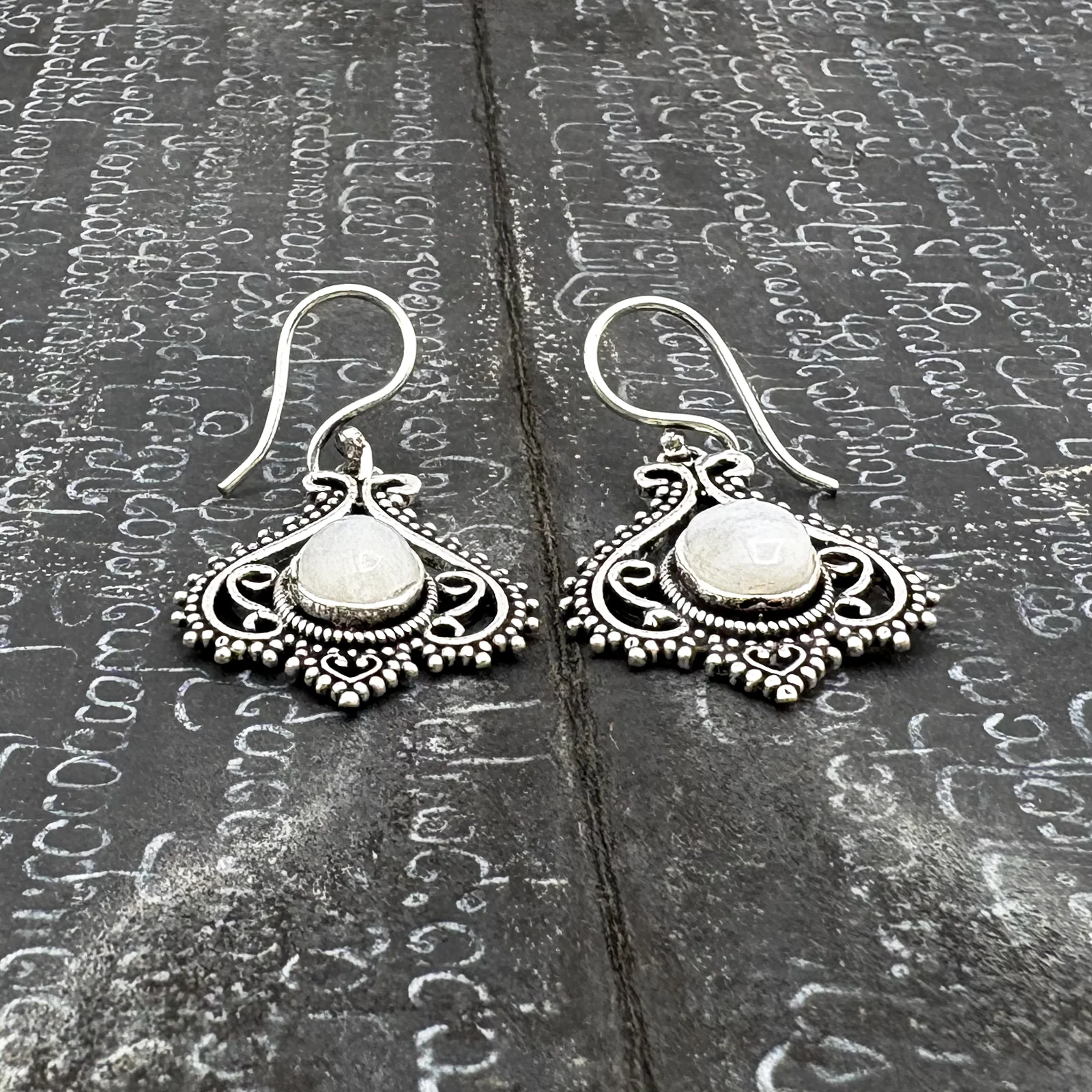Moonstone Heart Doily Lace White Brass Earrings - Image 6
