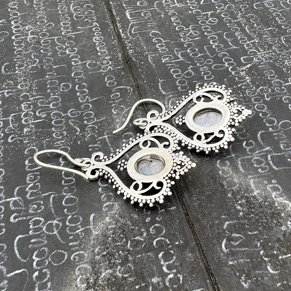 Moonstone Heart Doily Lace White Brass Earrings - Image 8