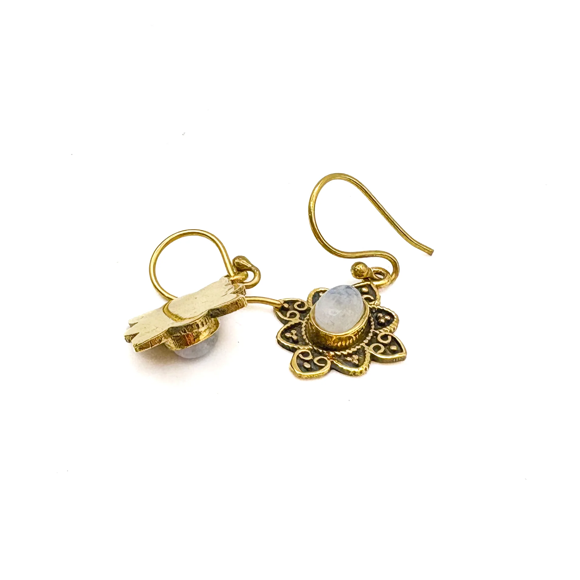 Moonstone Heart Flower Brass Earrings - Image 13