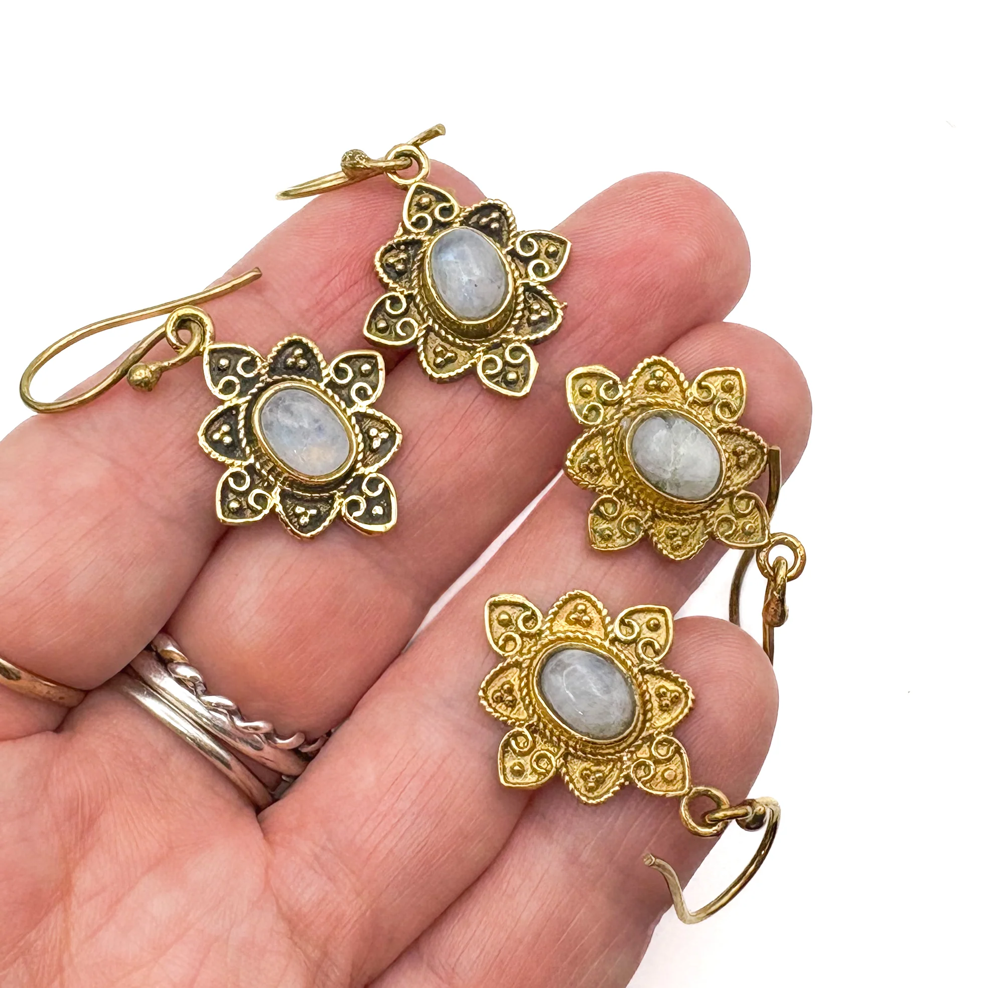 Moonstone Heart Flower Brass Earrings - Image 15