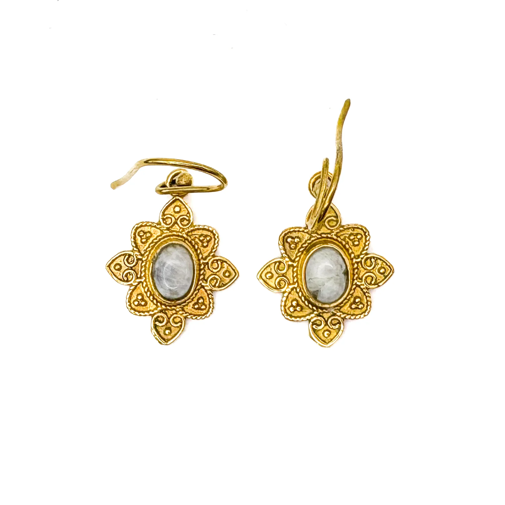 Moonstone Heart Flower Brass Earrings - Image 2