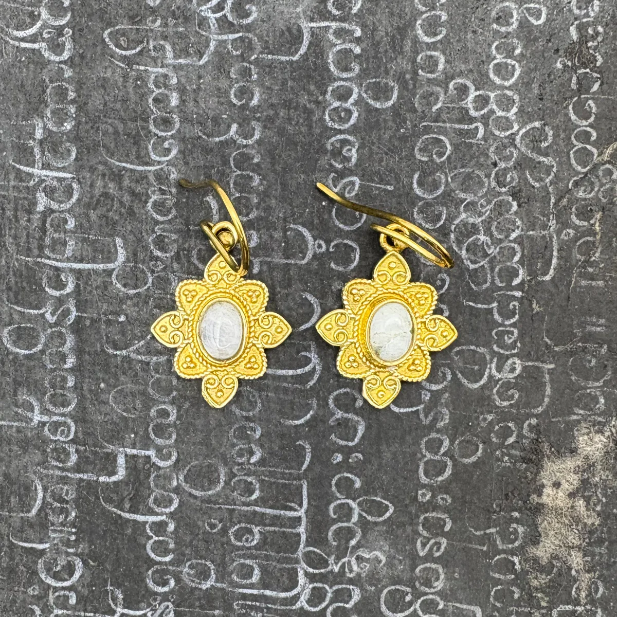 Moonstone Heart Flower Brass Earrings - Image 3