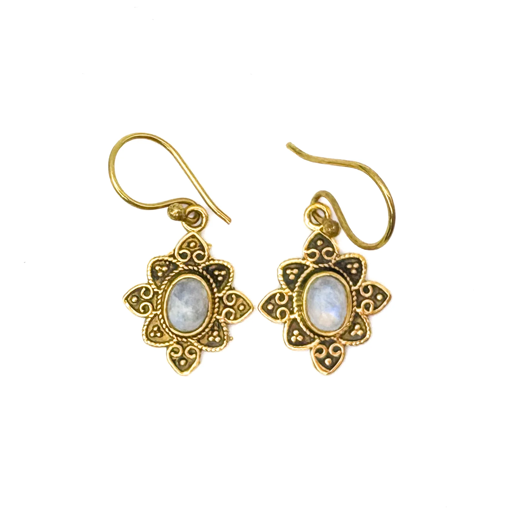 Moonstone Heart Flower Brass Earrings - Image 4