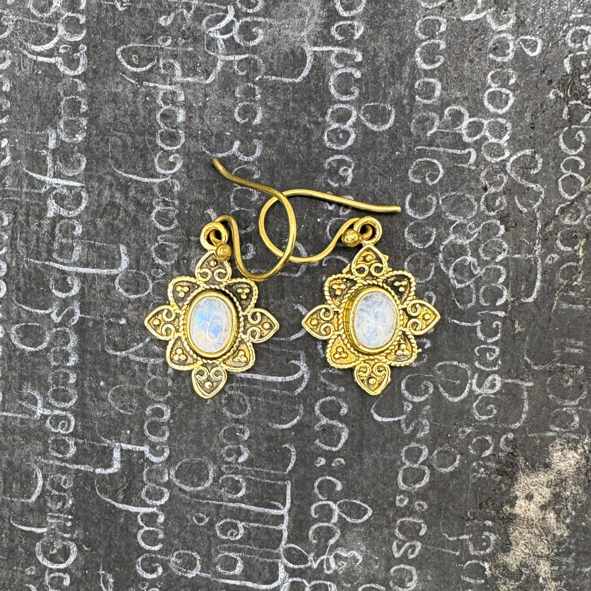 Moonstone Heart Flower Brass Earrings - Image 5