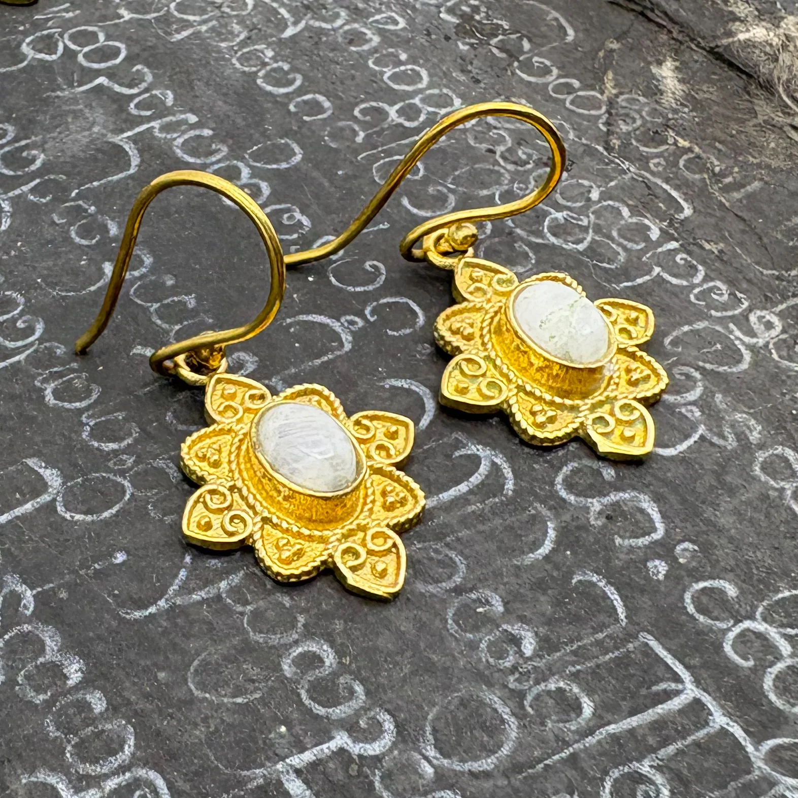 Moonstone Heart Flower Brass Earrings - Image 7