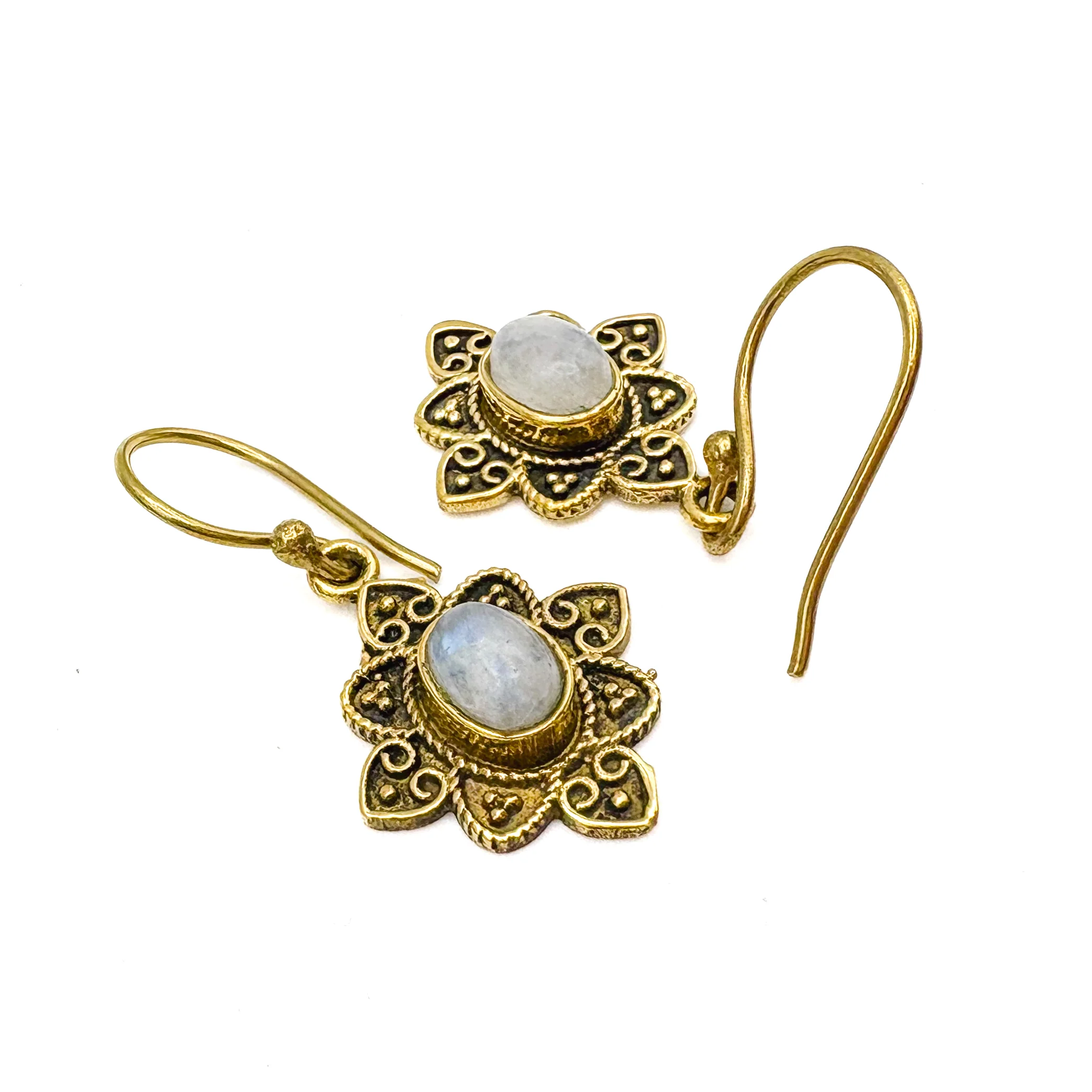 Moonstone Heart Flower Brass Earrings - Image 8