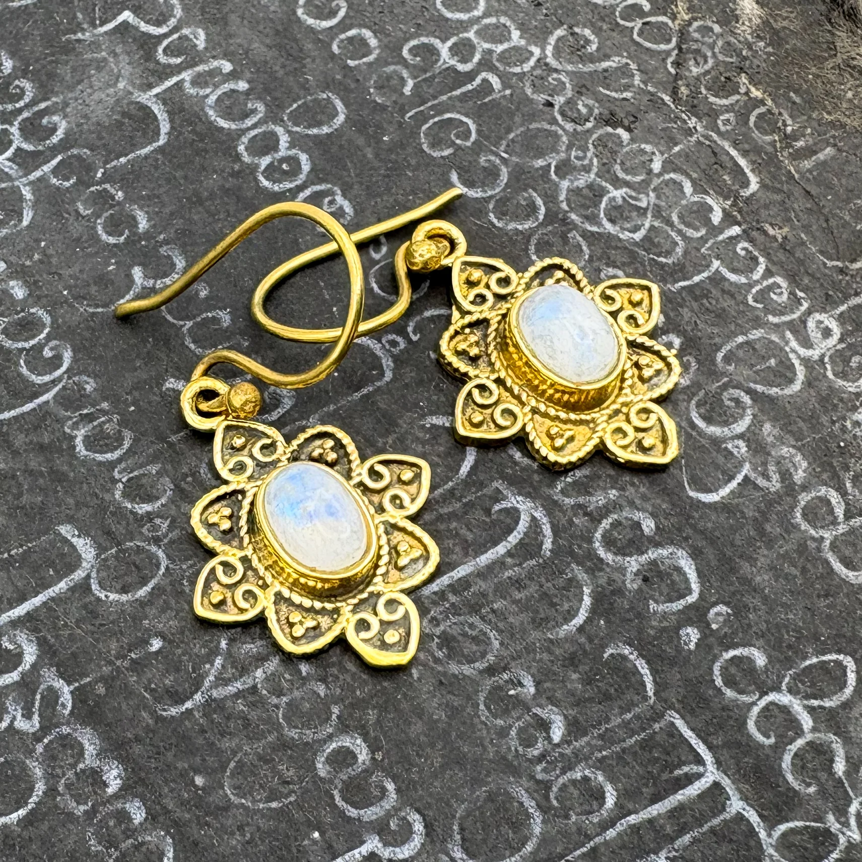Moonstone Heart Flower Brass Earrings - Image 9