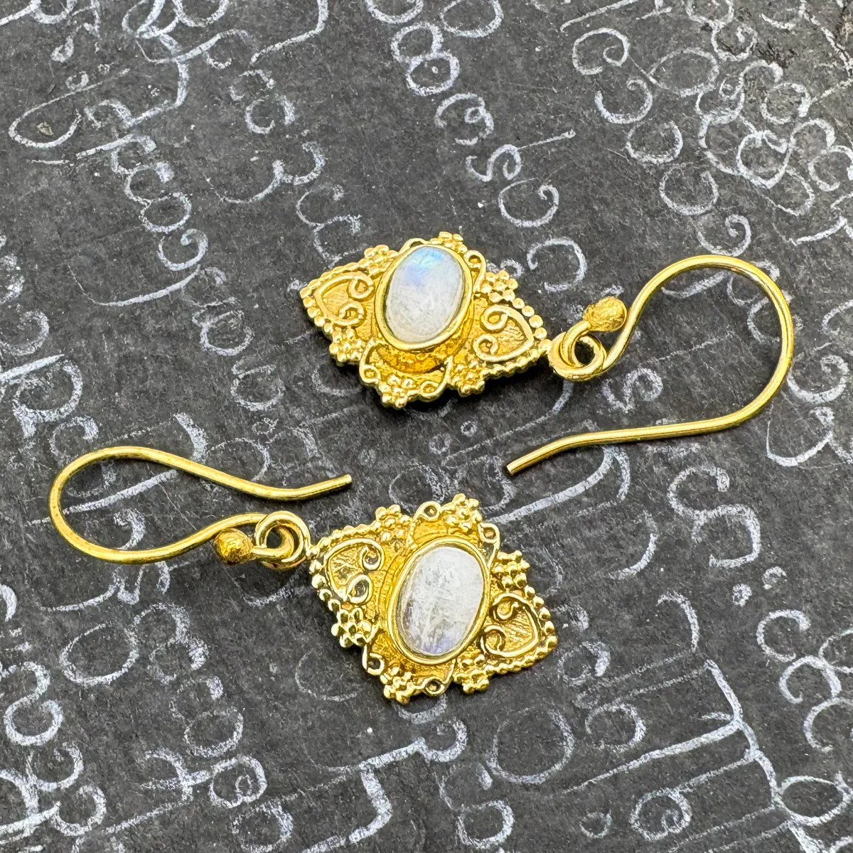 Moonstone Heart Shield Brass Earrings - Image 3
