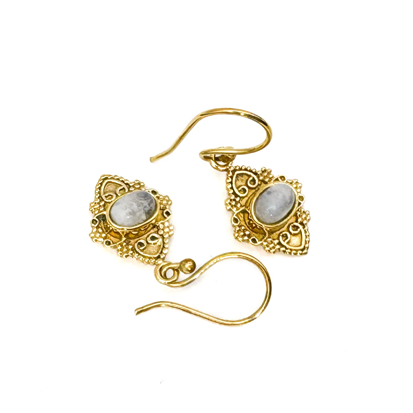Moonstone Heart Shield Brass Earrings - Image 4