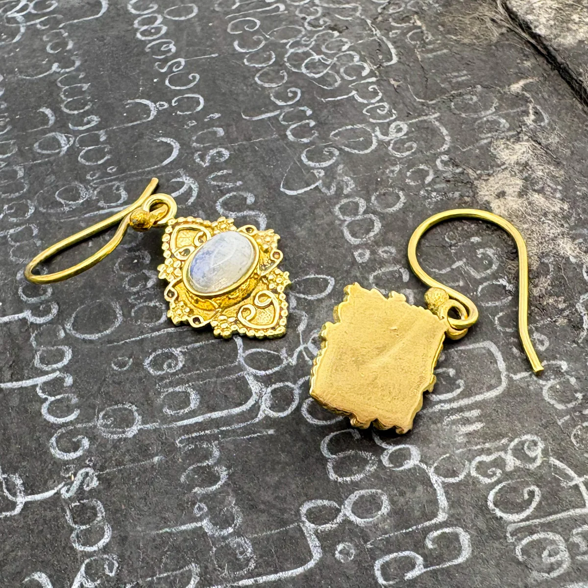 Moonstone Heart Shield Brass Earrings - Image 5