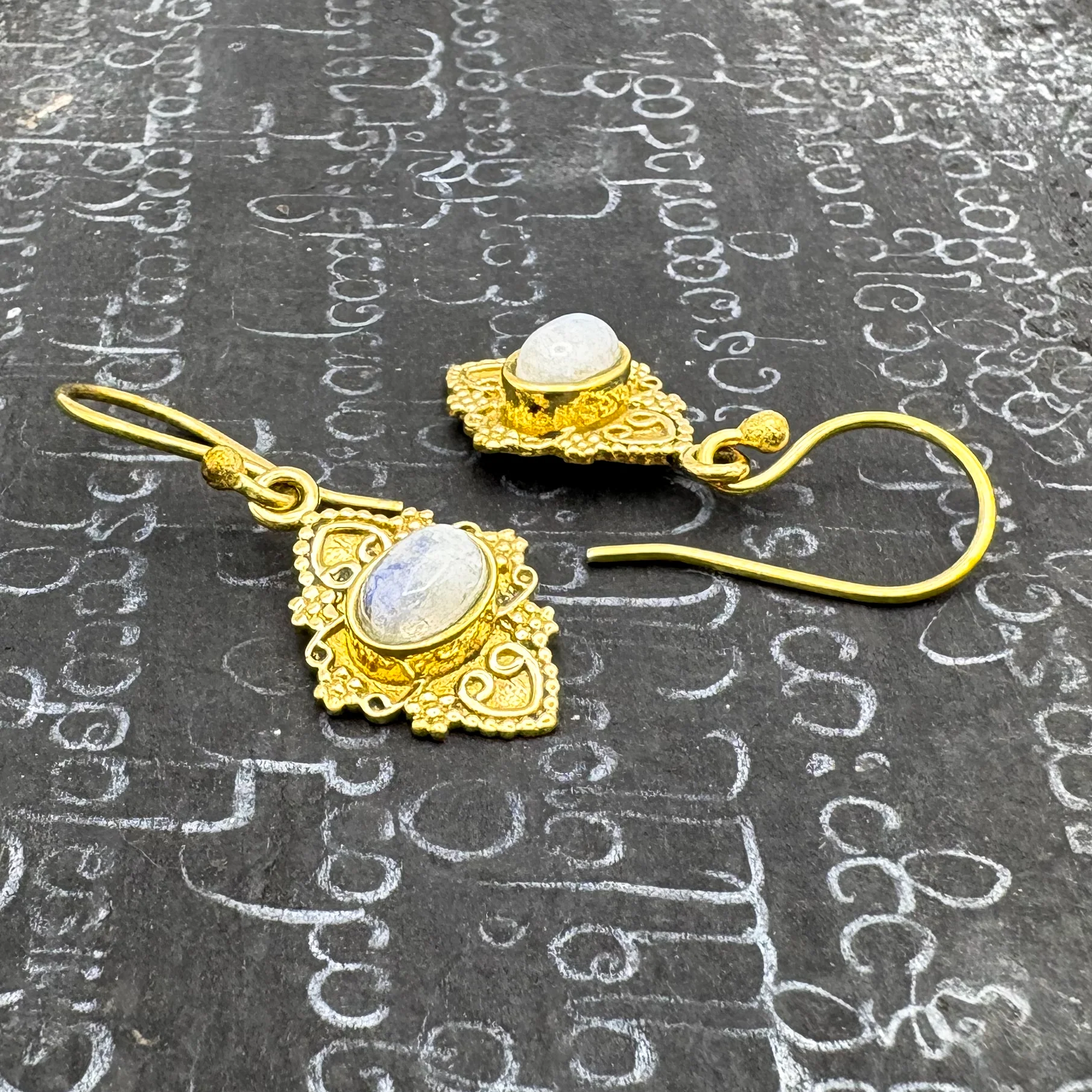 Moonstone Heart Shield Brass Earrings - Image 6