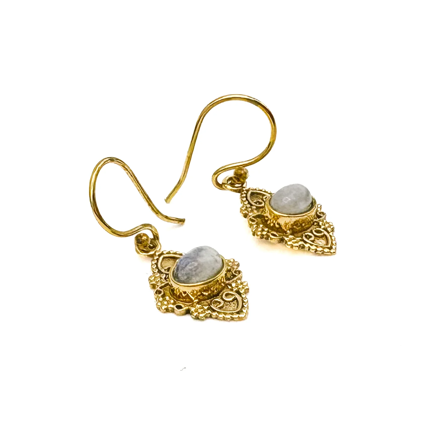 Moonstone Heart Shield Brass Earrings - Image 7