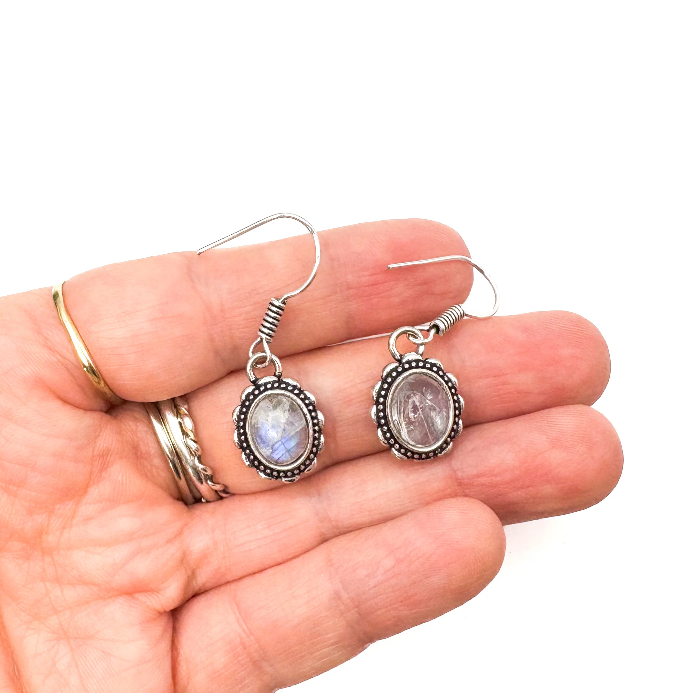 Moonstone Oval Dots White Brass Earrings - Image 10