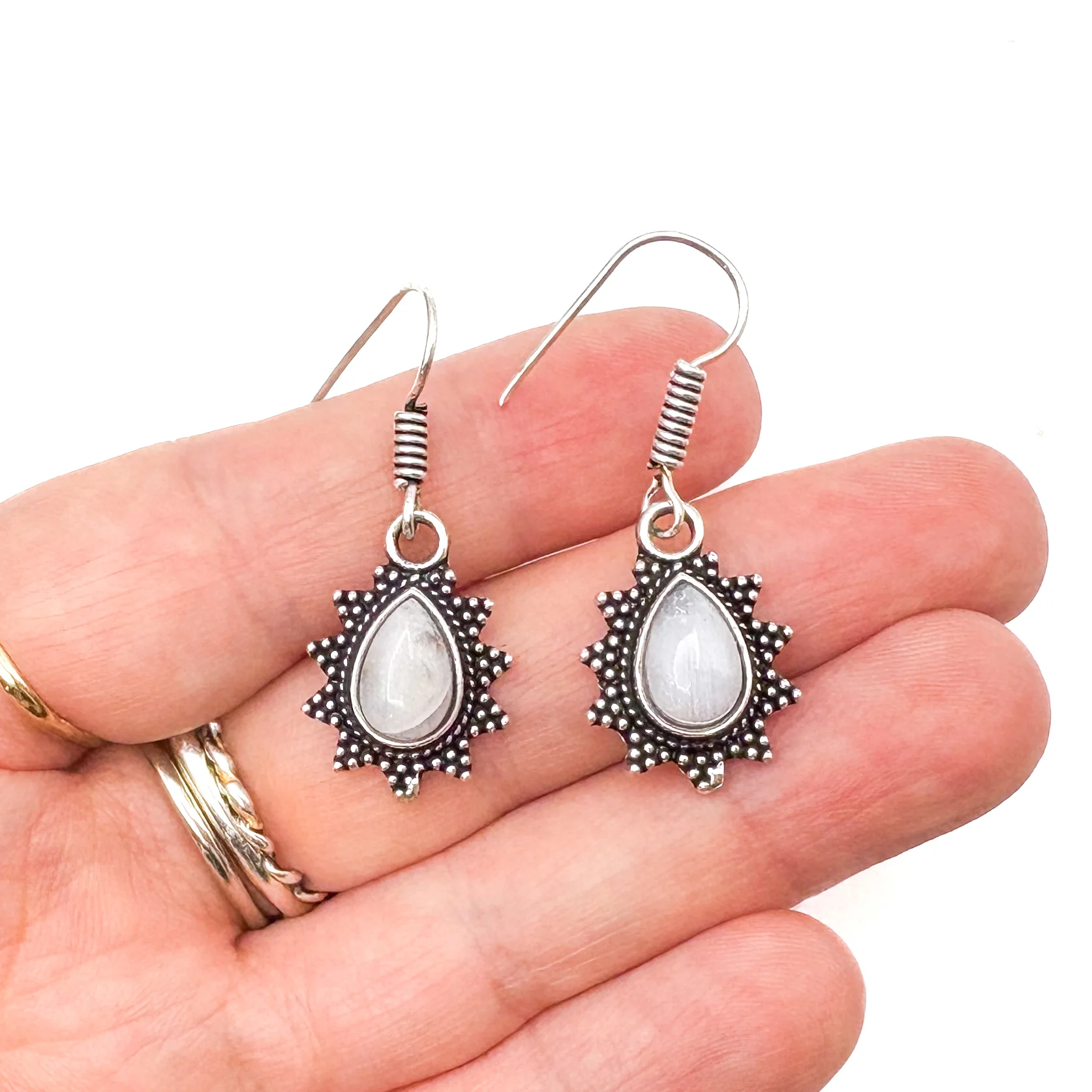 Moonstone Teardrop Dotted Rays White Brass Earrings - Image 10