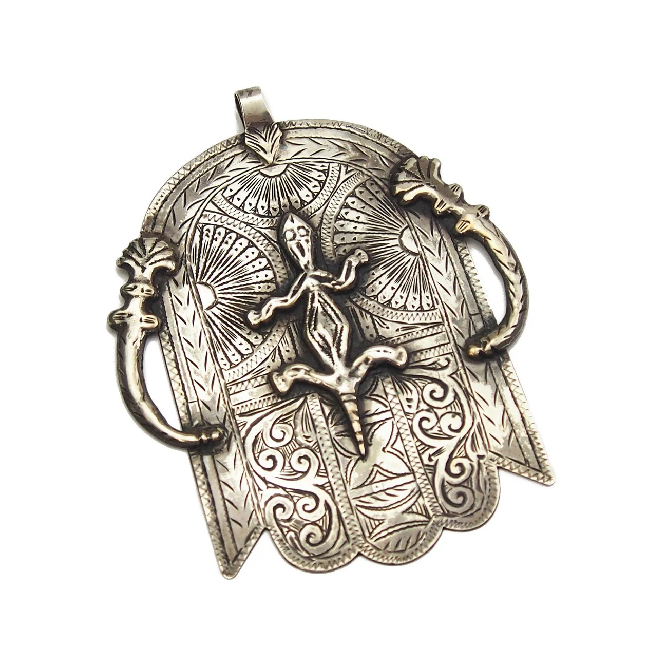 Moroccan Hamsa Pendant w/ Salamander and Scimitars Overlay - Image 2