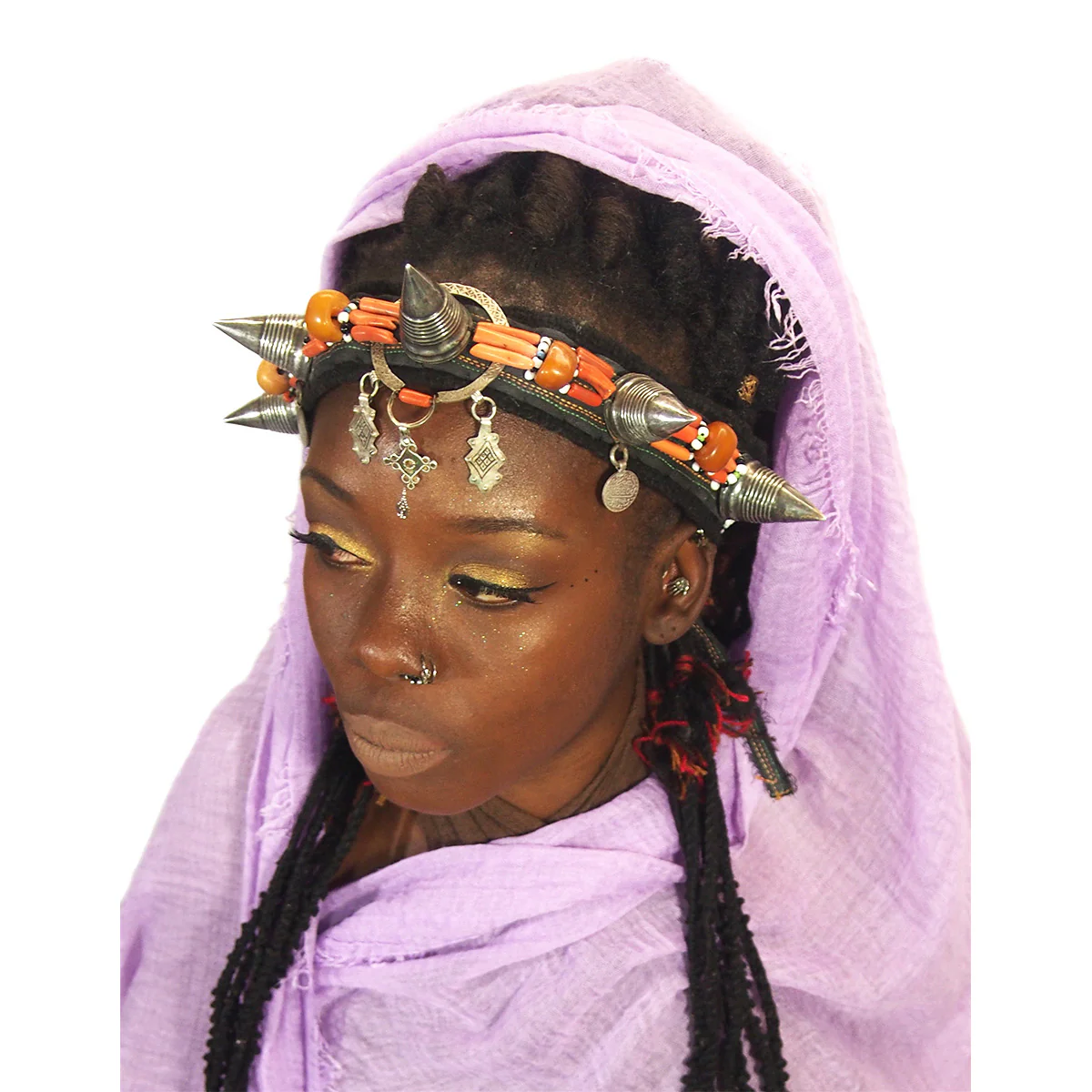 Moroccan Silver/Coral Horned Headpiece Crown - Image 4