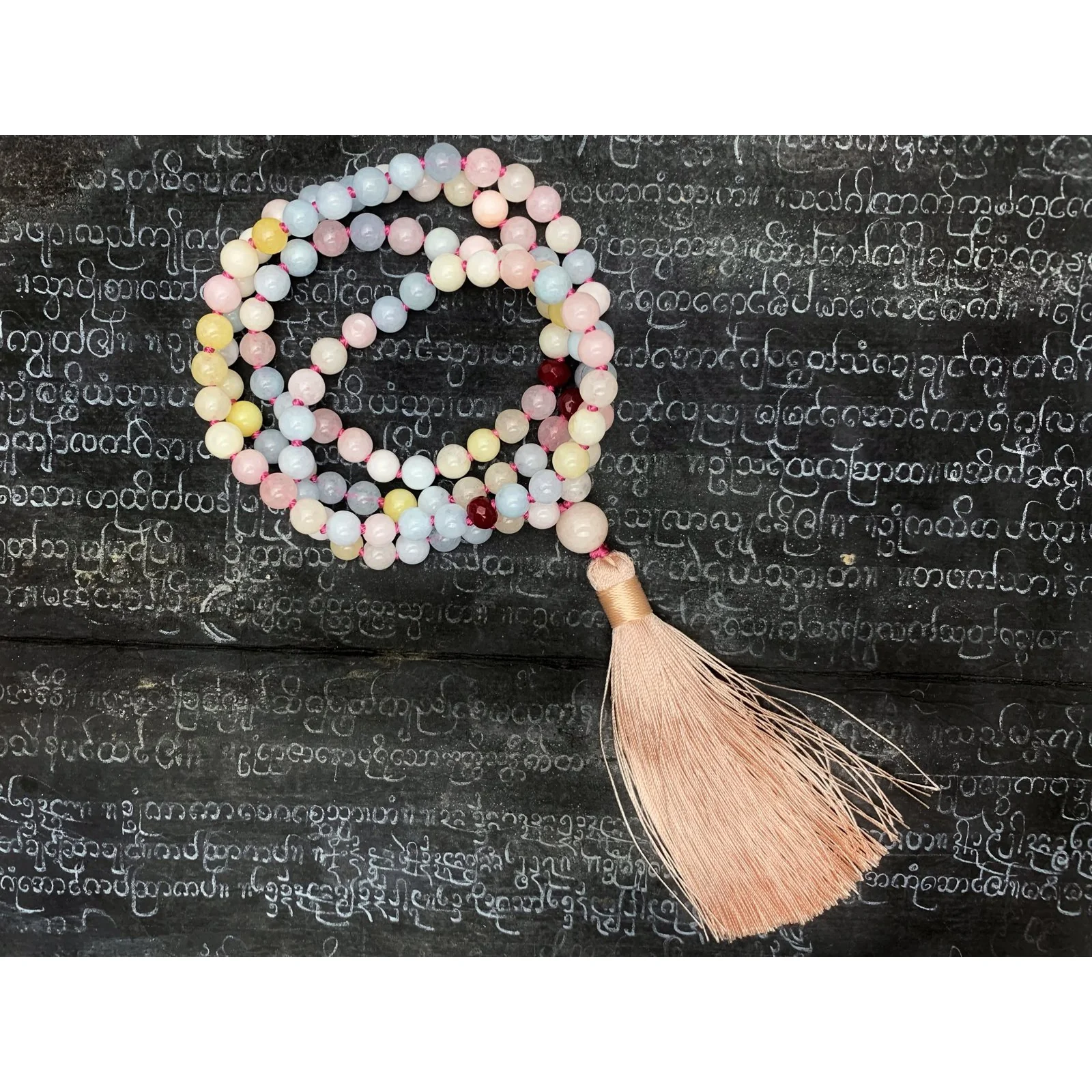 Multi-Colored Beryl 6mm Knotted Mala with Silk Tassel #23 - Image 3