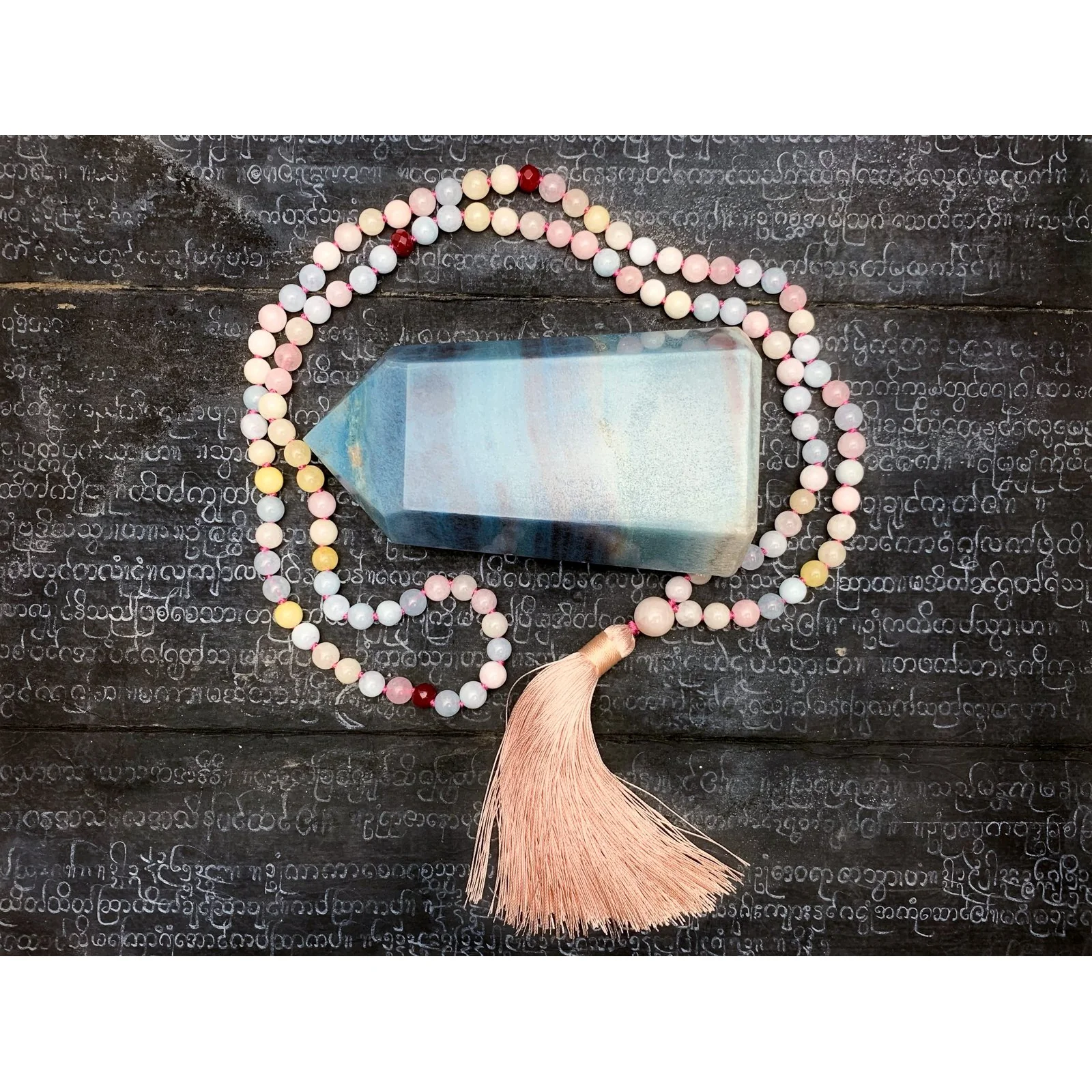 Multi-Colored Beryl 6mm Knotted Mala with Silk Tassel #23 - Image 4