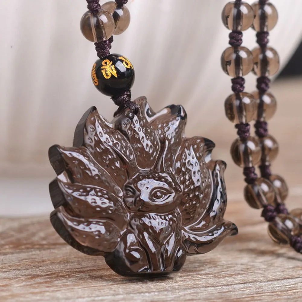 Natural Crystal Ice Obsidian Nine Tail Fox Necklace Pendant With Bead Chain - Image 3