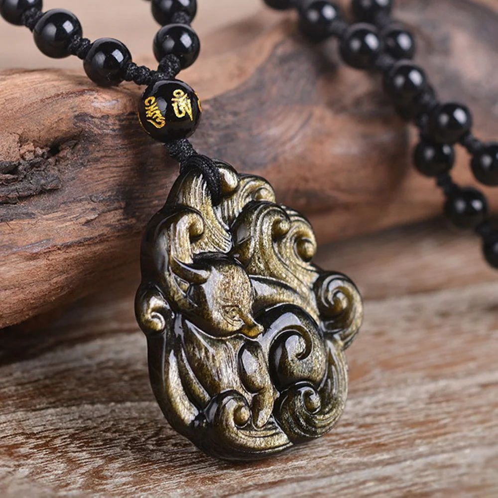 Natural Gold Obsidian Nine Tail Fox Necklace Pendant With Bead Chain - Image 2