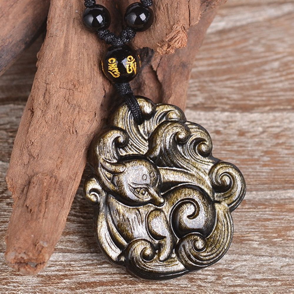 Natural Gold Obsidian Nine Tail Fox Necklace Pendant With Bead Chain - Image 4