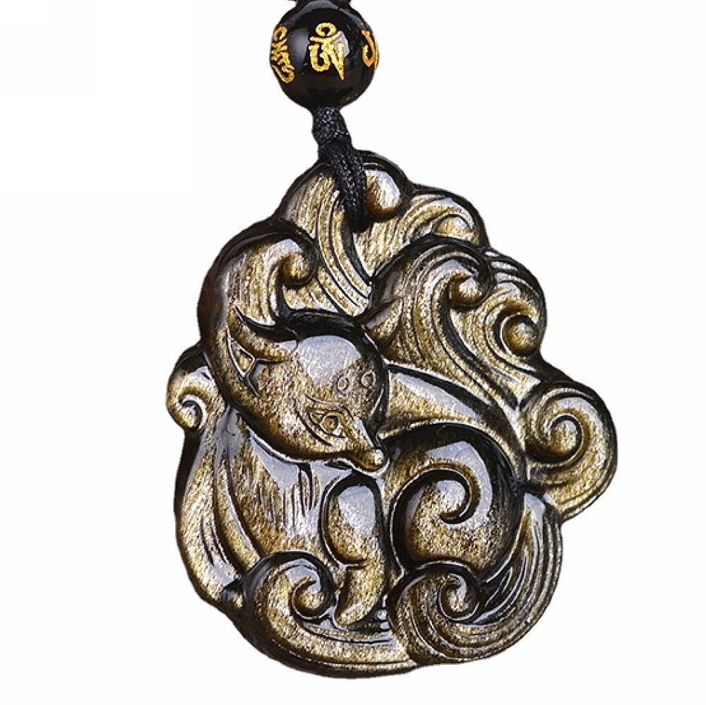 Natural Gold Obsidian Nine Tail Fox Necklace Pendant With Bead Chain - Image 5