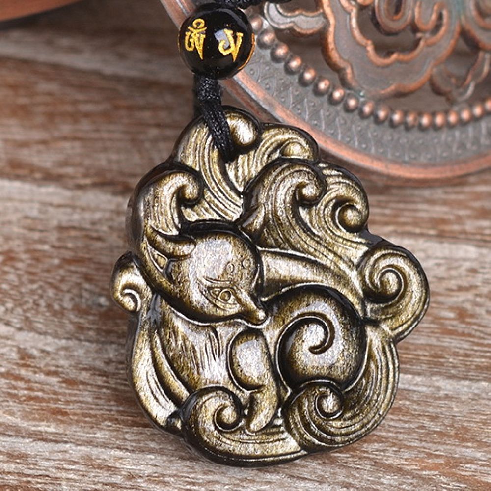 Natural Gold Obsidian Nine Tail Fox Necklace Pendant With Bead Chain - Image 6