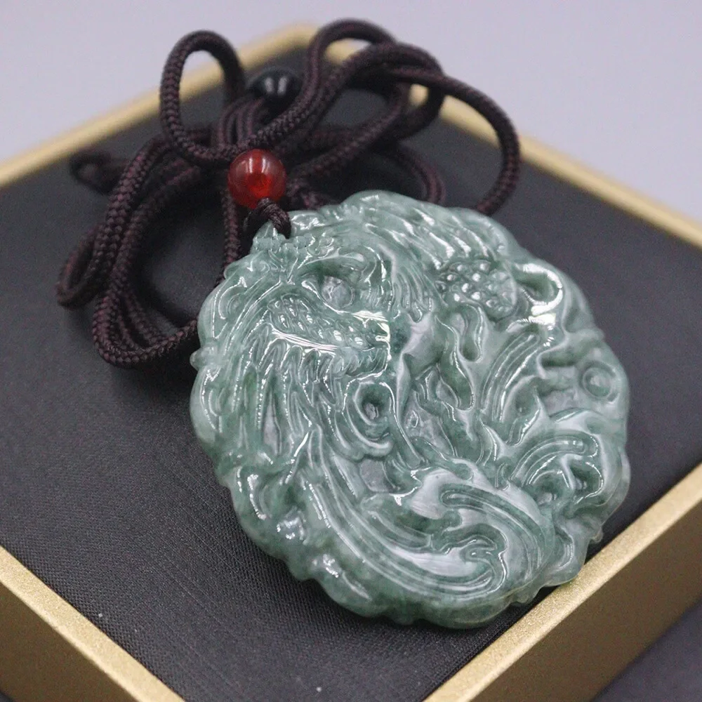 Natural Grade A Jade Green Jadeite Phoenix Round Pendant - Image 2