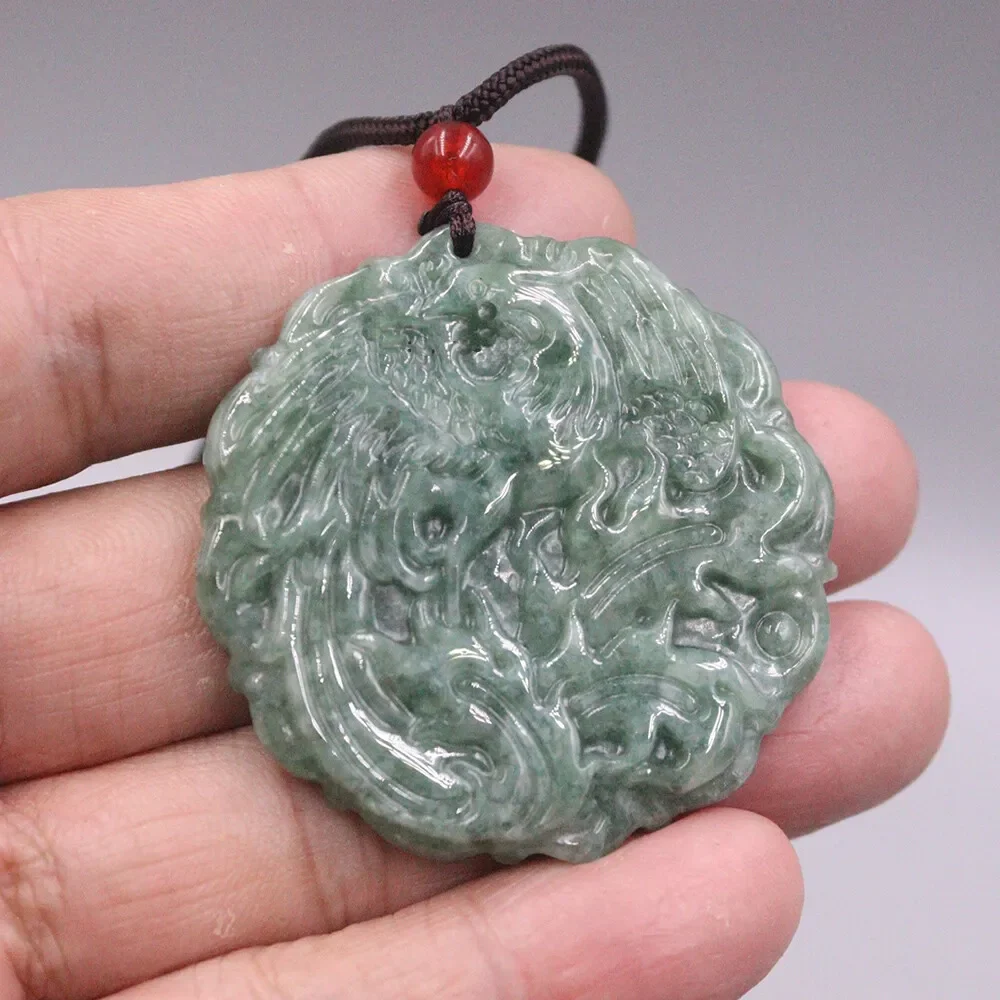 Natural Grade A Jade Green Jadeite Phoenix Round Pendant - Image 3