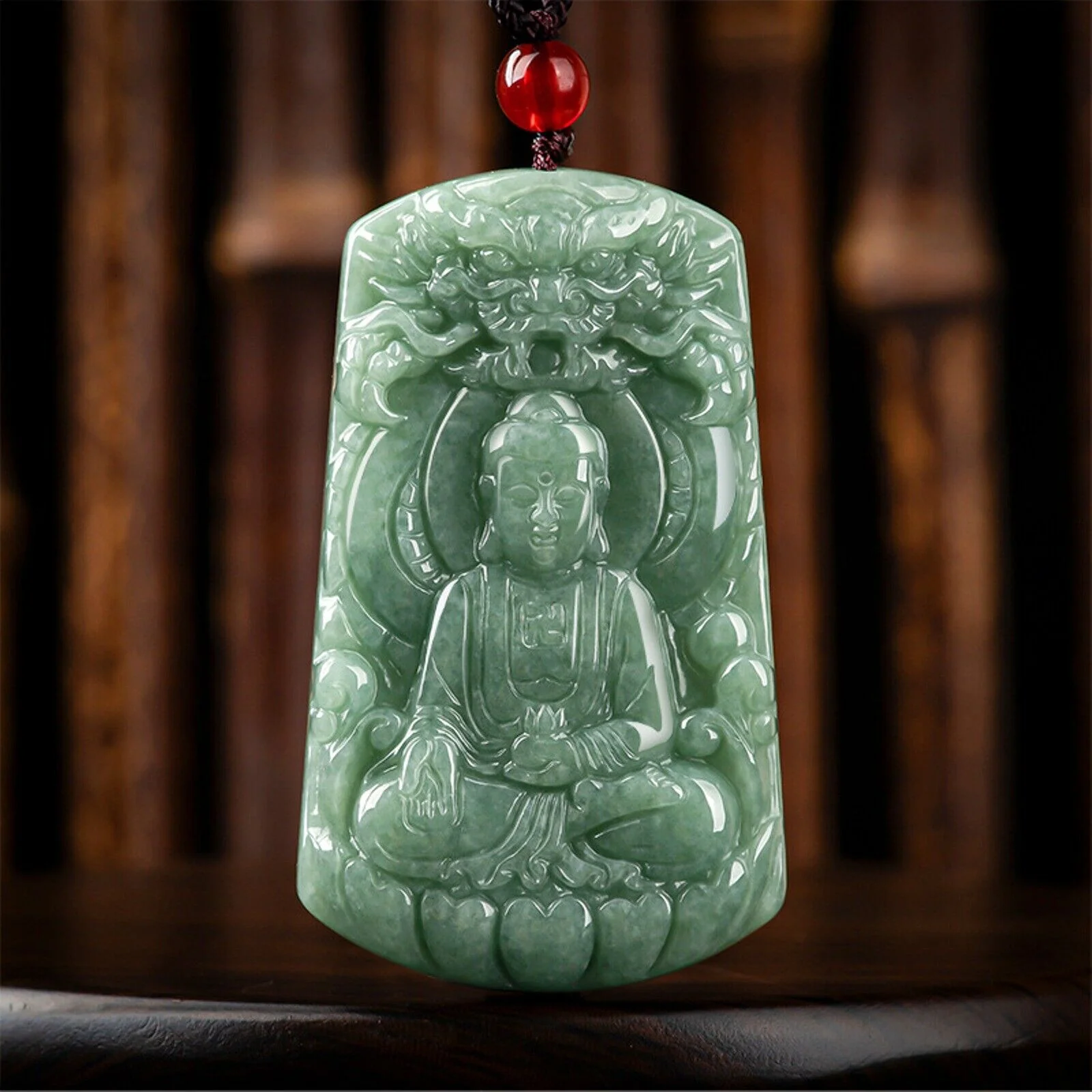 Natural Grade A Jade Jadeite Dragon Buddha Square Pendant #37-1226 - Image 2